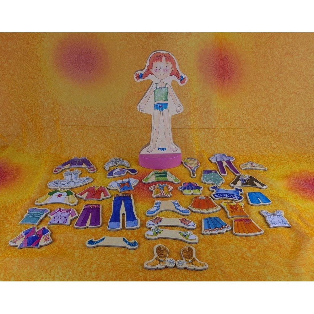 Poppy Magnetic Wooden Doll With Base And 32 Pieces For Dress Up